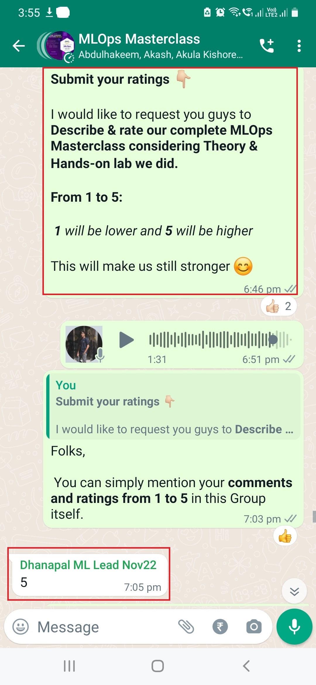 Participant feedback screenshot
