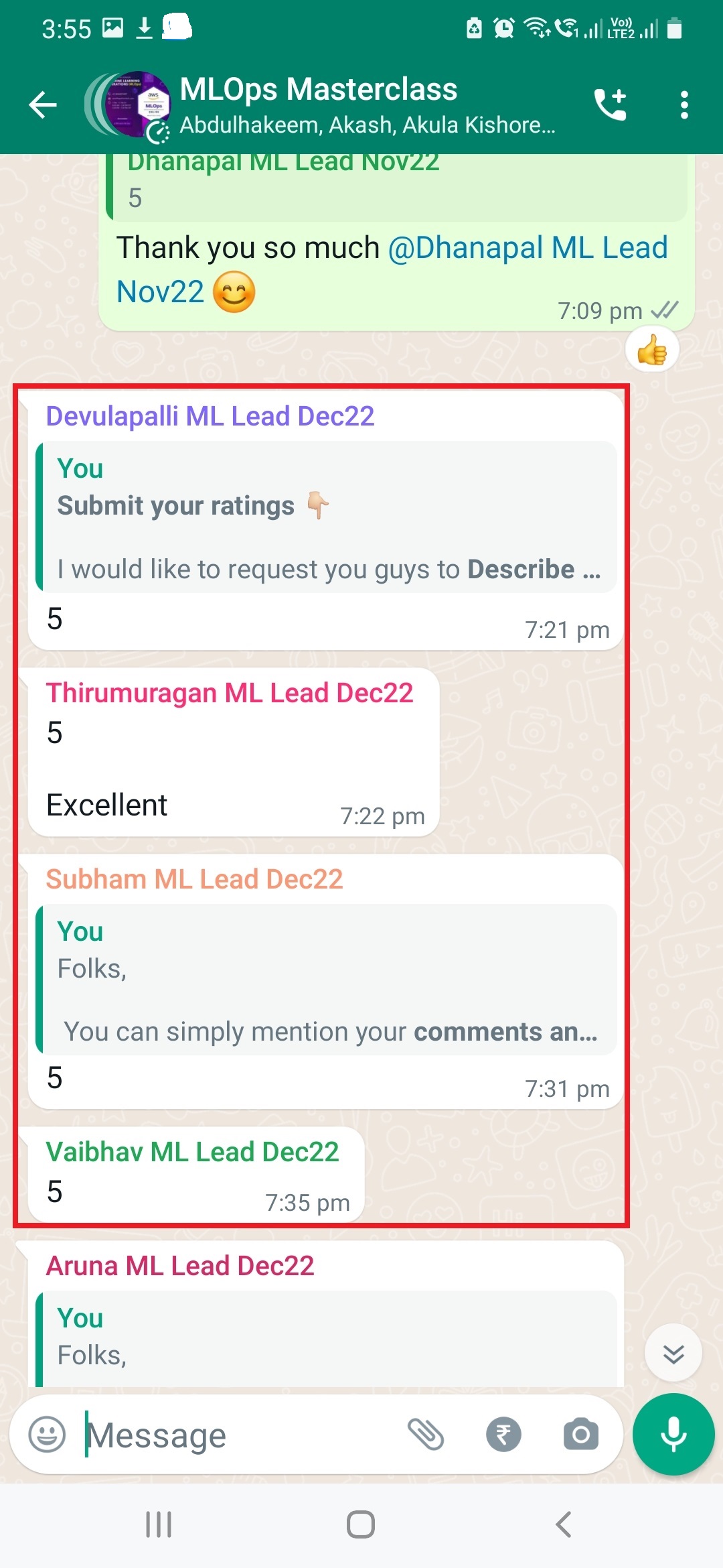 Participant feedback screenshot