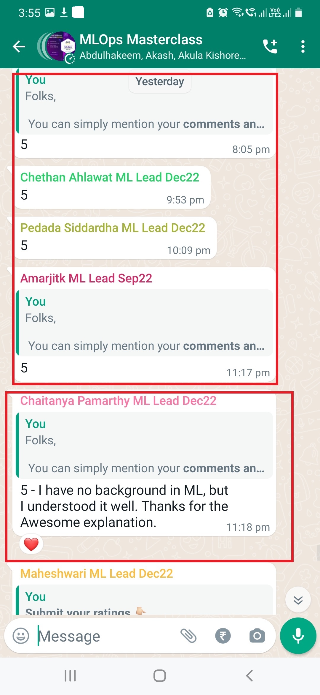 Participant feedback screenshot