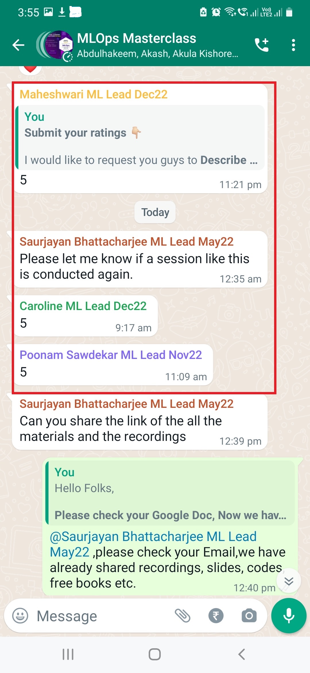 Participant feedback screenshot
