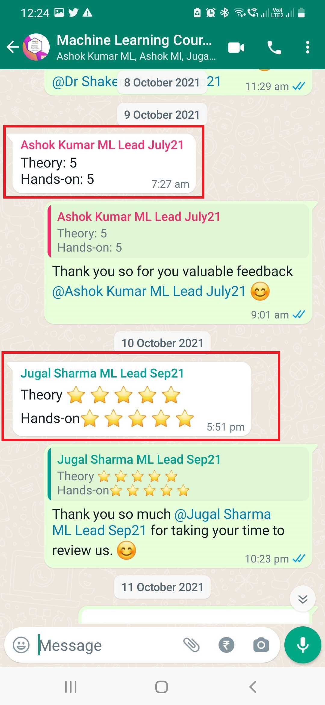 Participant feedback screenshot
