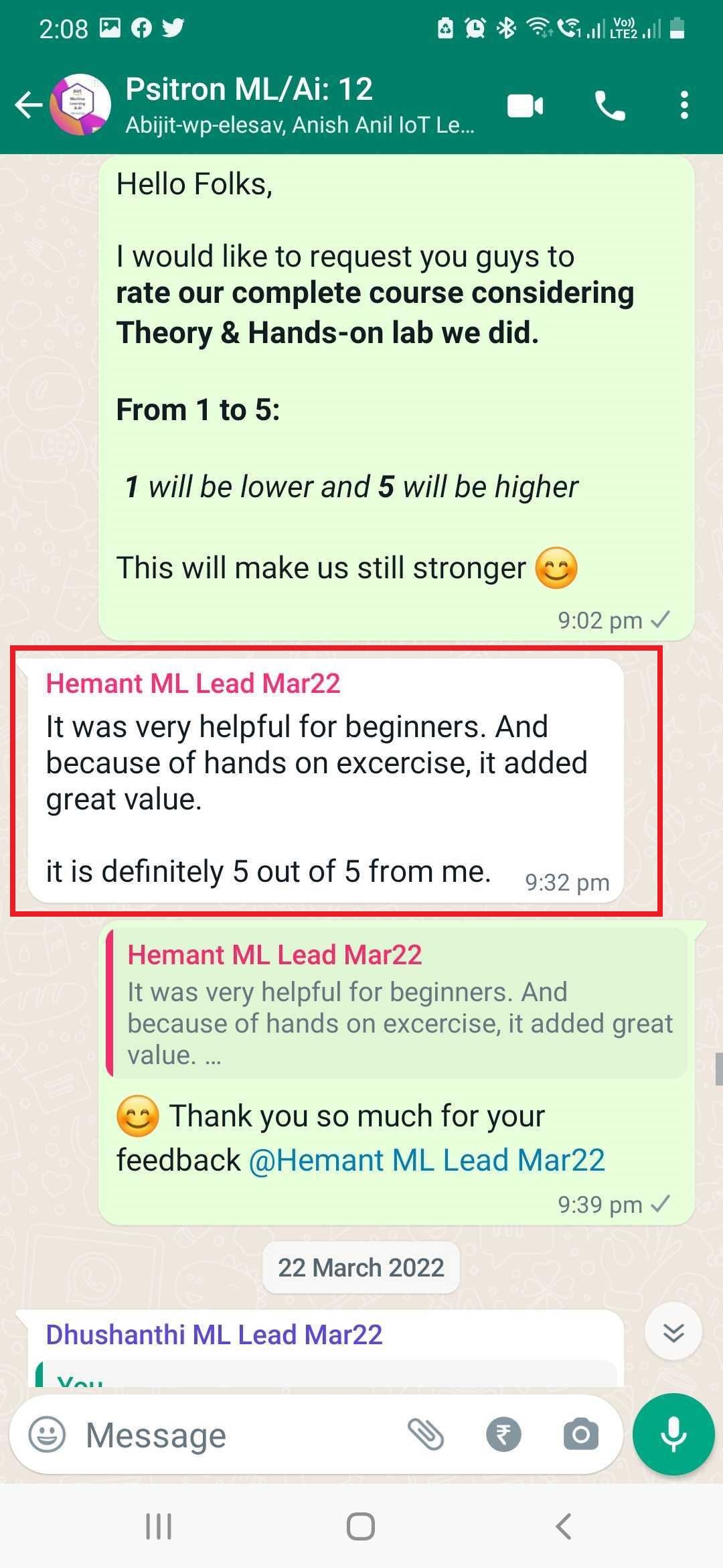 Participant feedback screenshot