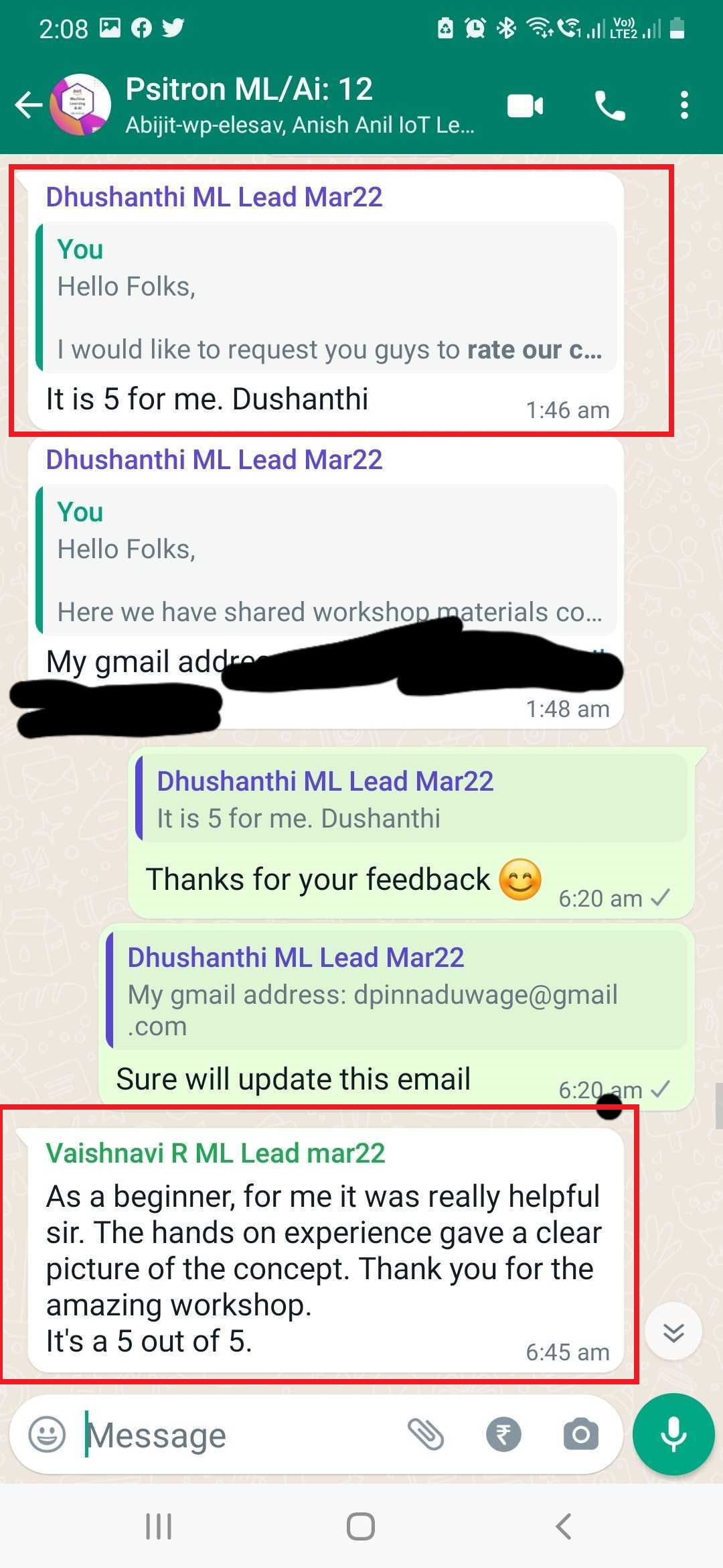 Participant feedback screenshot