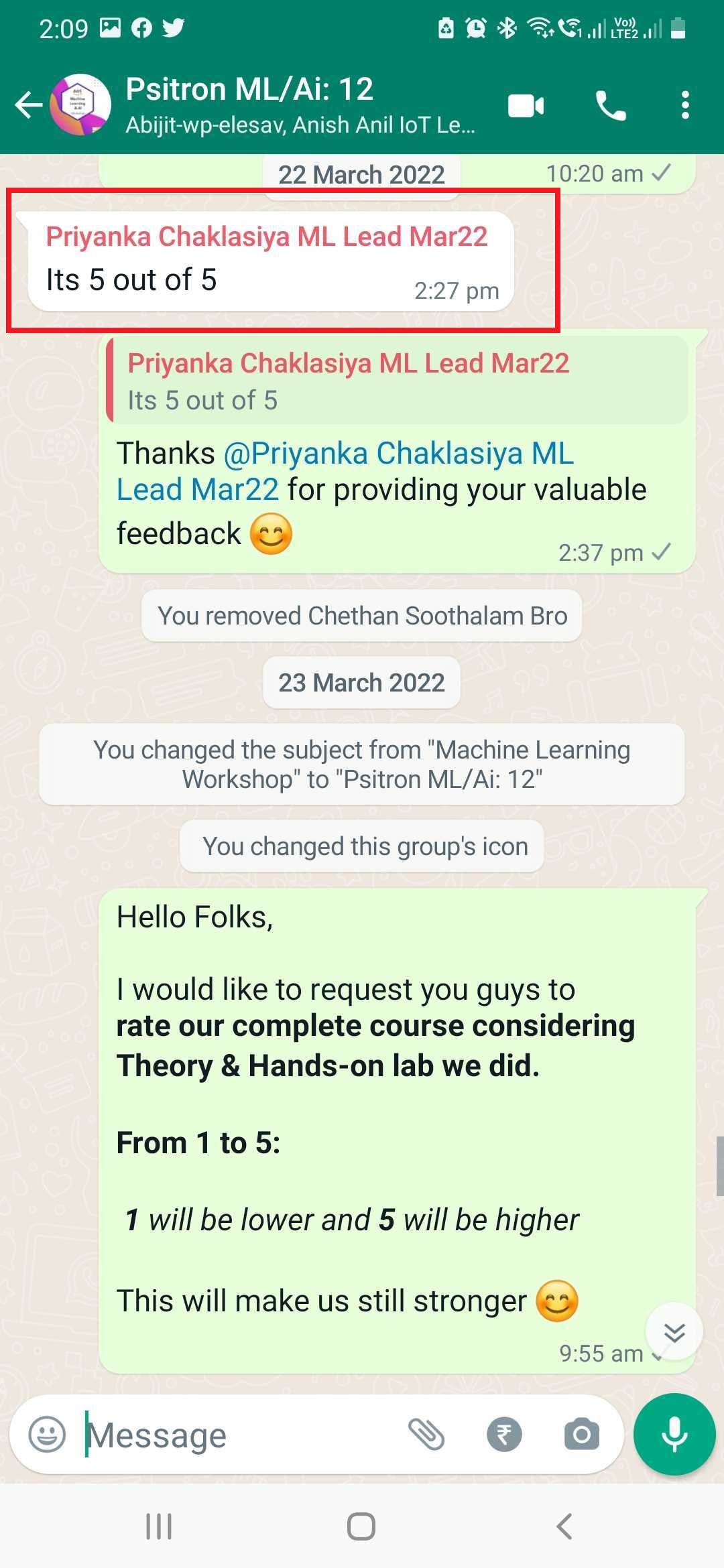Participant feedback screenshot