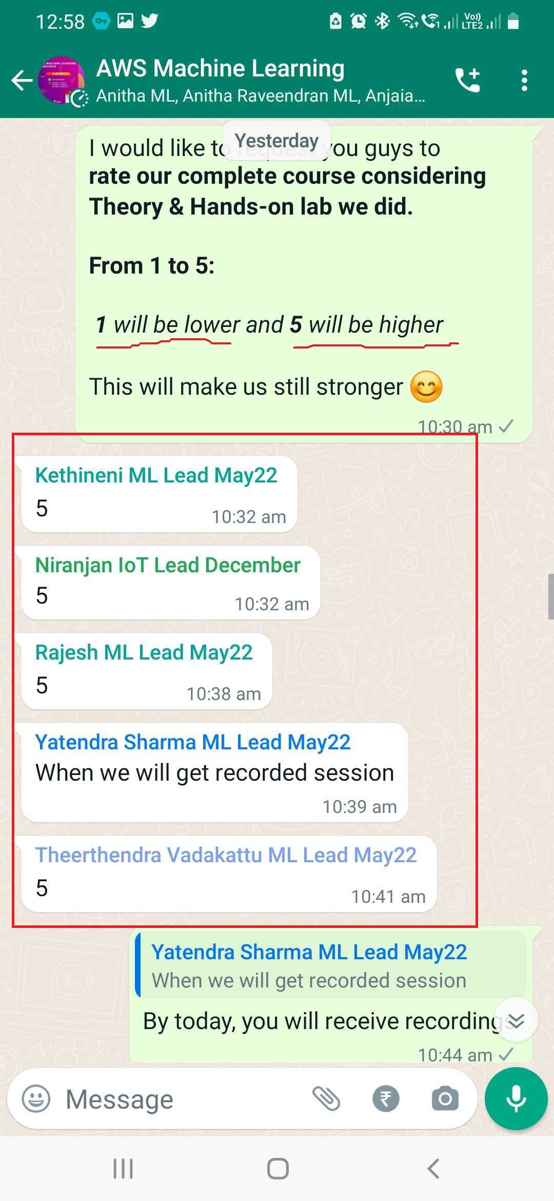 Participant feedback screenshot
