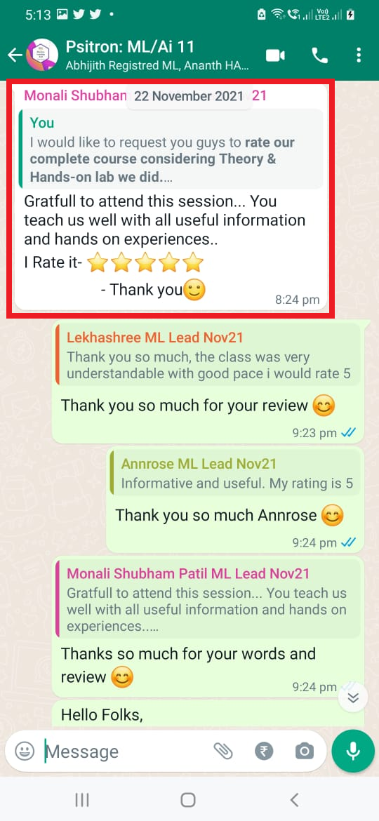 Participant feedback screenshot