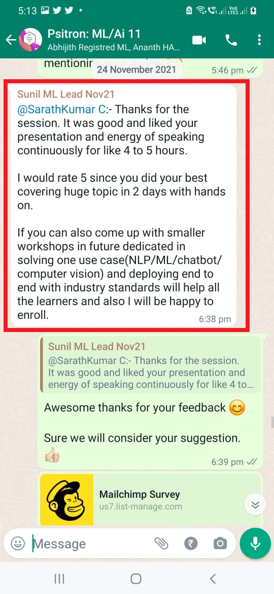 Participant feedback screenshot